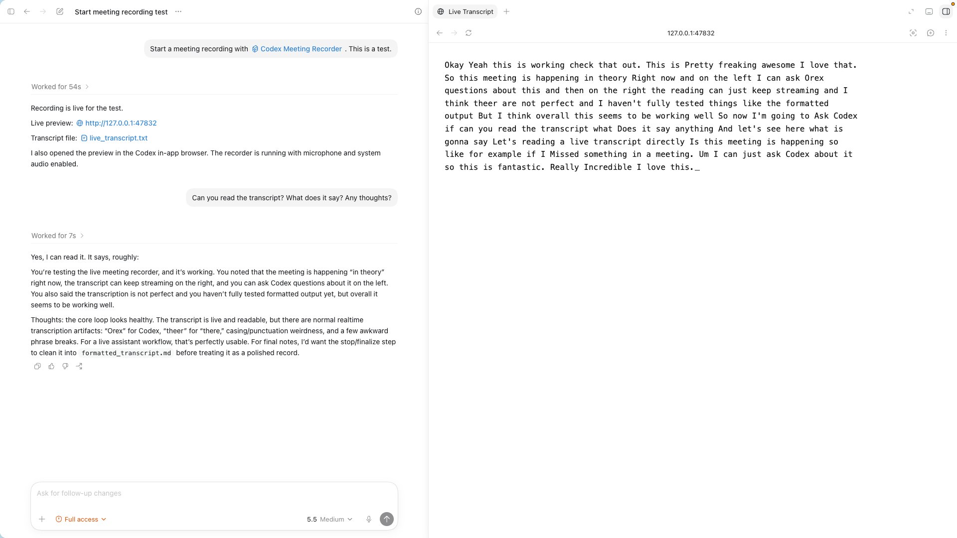 Codex for real-time meeting transcription and Q&A