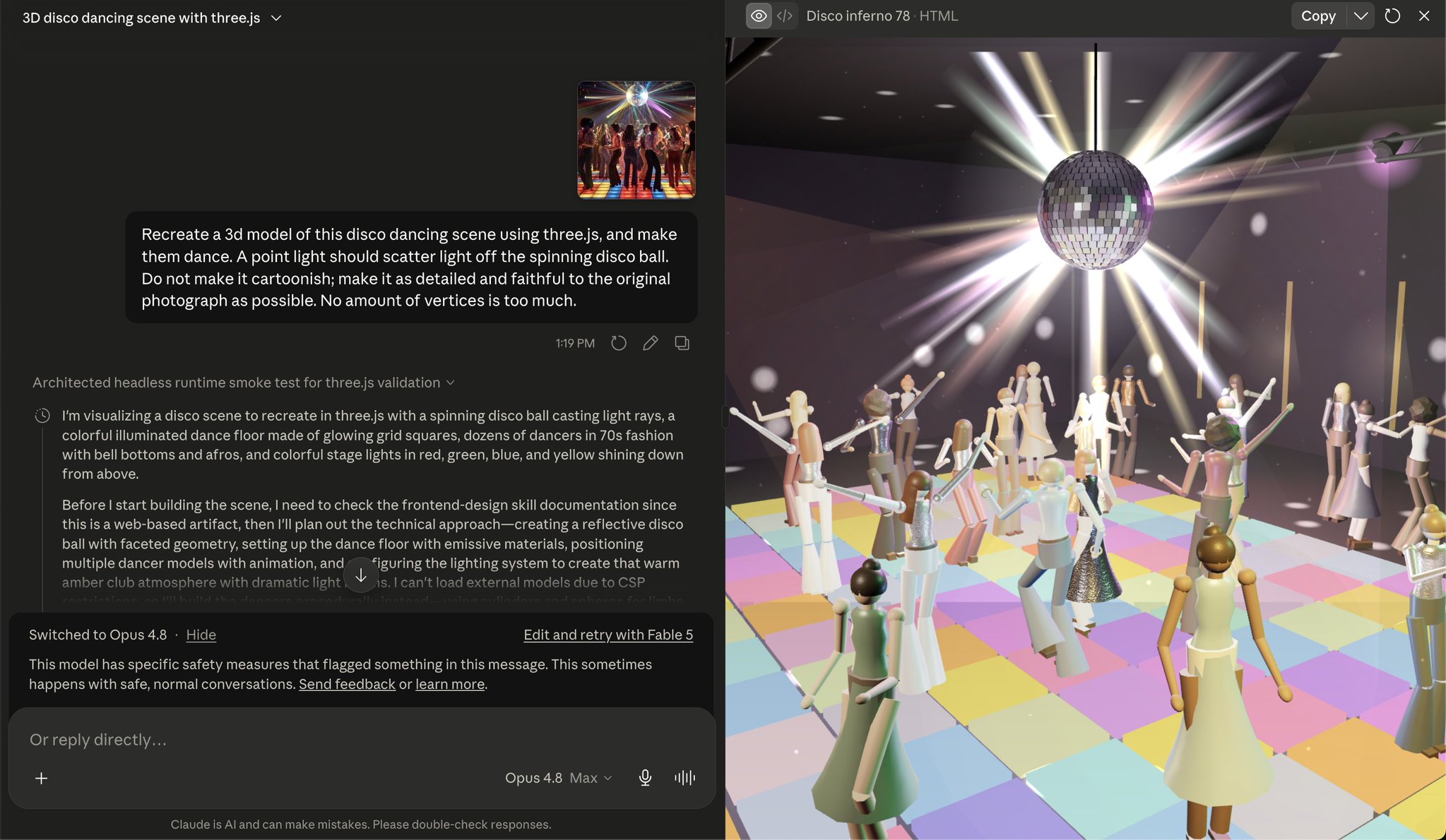 Disco hall recreation in Three.js switched to Opus over safety filter
