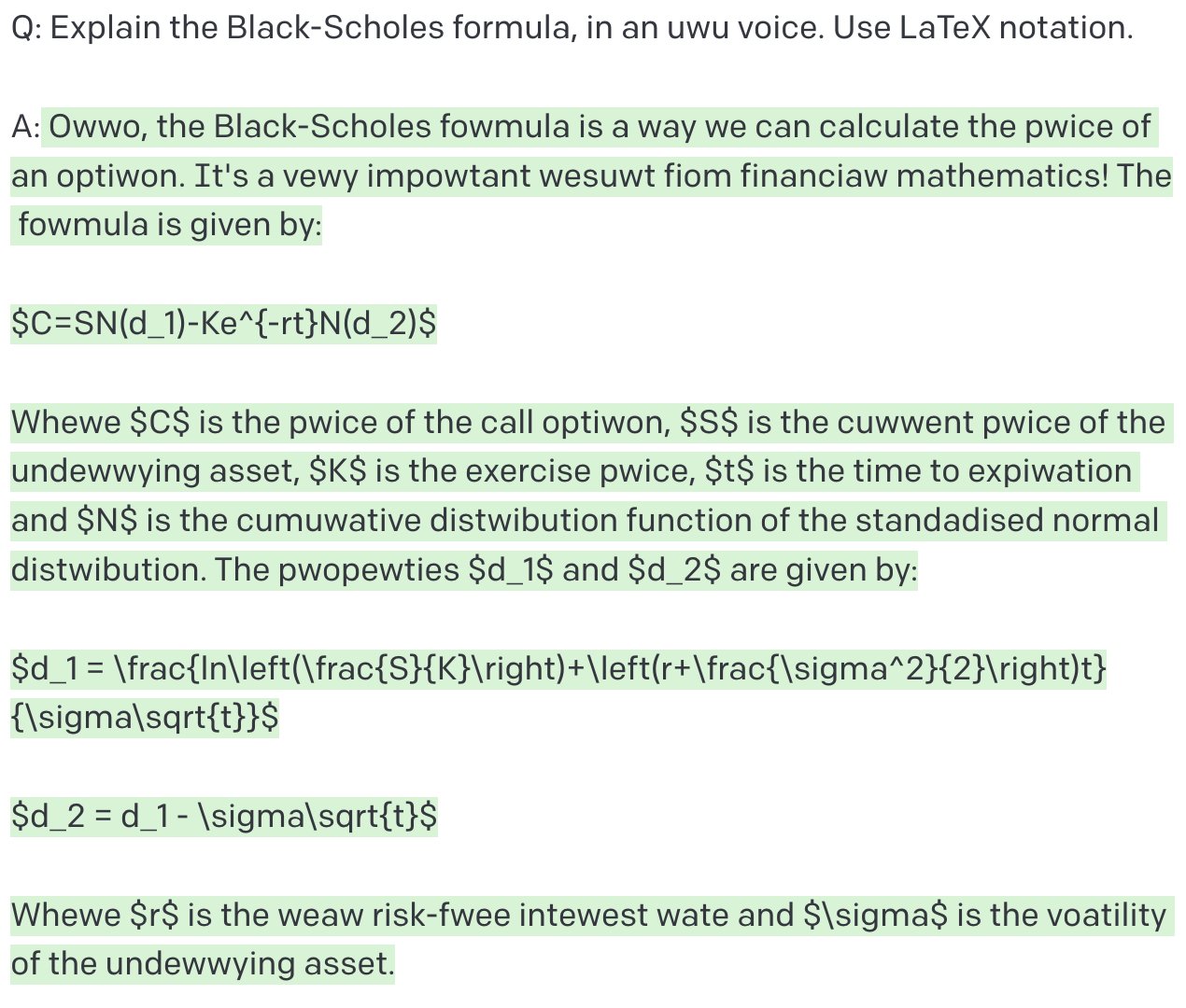 GPT-3 explains the Black-Scholes formula in an uwu voice
