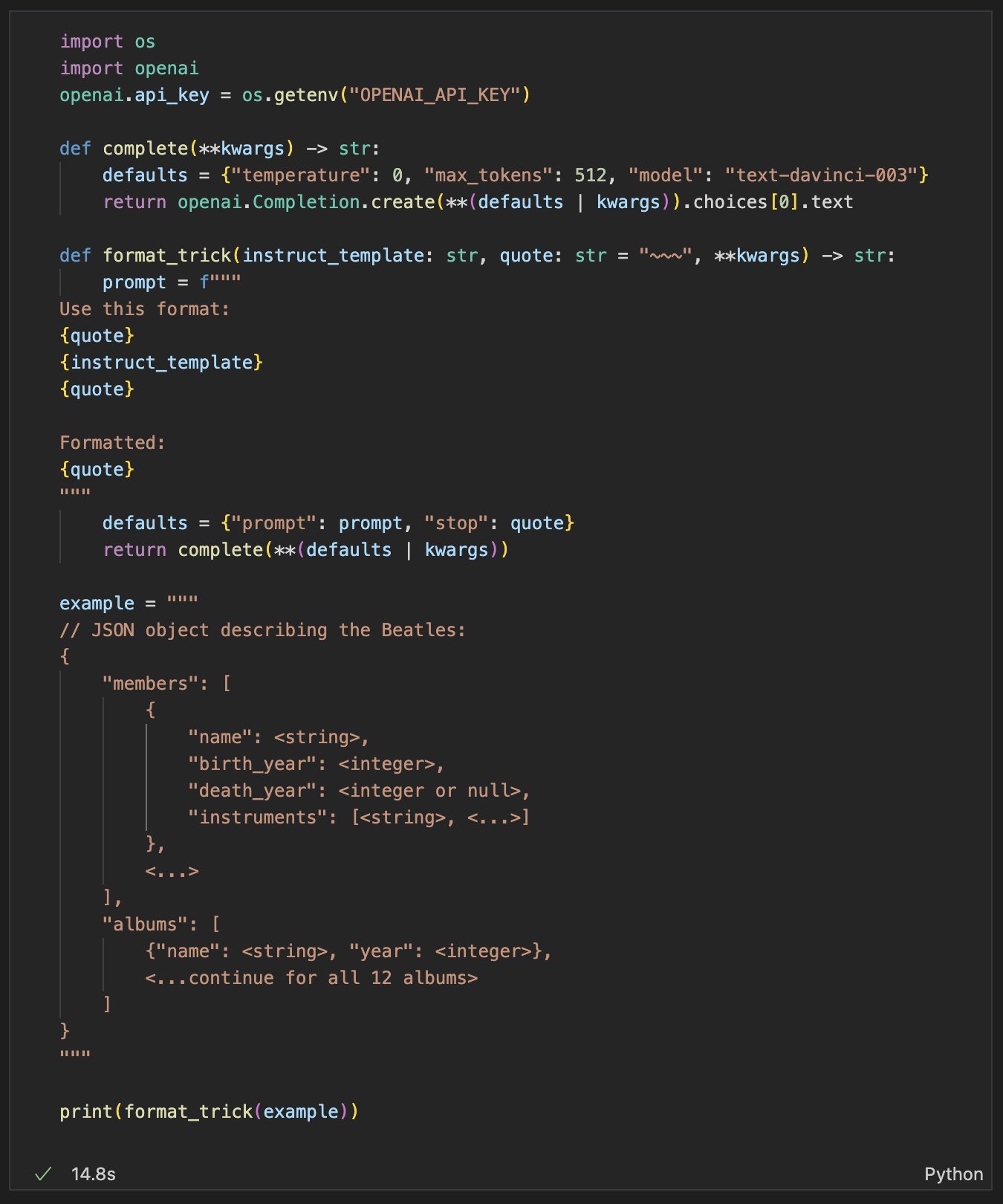 Prompting GPT-3 with the “Format Trick” for Complex JSON Synthesis