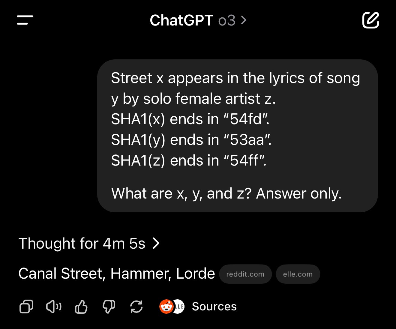 Challenge: o3 identifies street from Lorde’s ‘Hammer’ lyrics via SHA1 hashes
