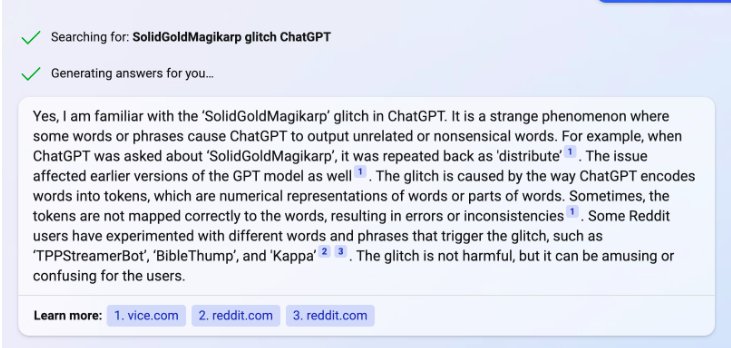 Bing Search correctly explains SolidGoldMagikarp GPT glitch