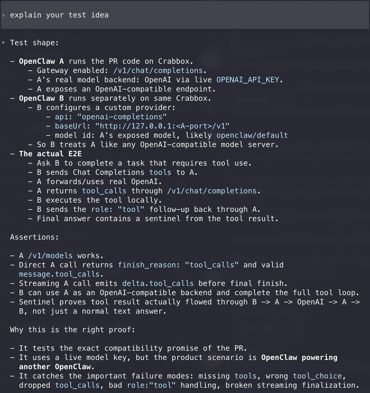 Challenged Codex to e2e test improvements for OpenClaw chat completion