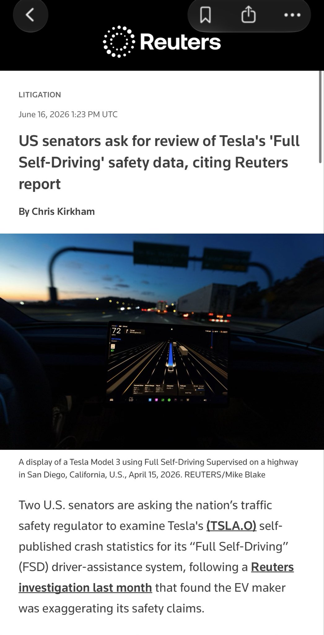 U.S. senators to review Tesla FSD safety record
