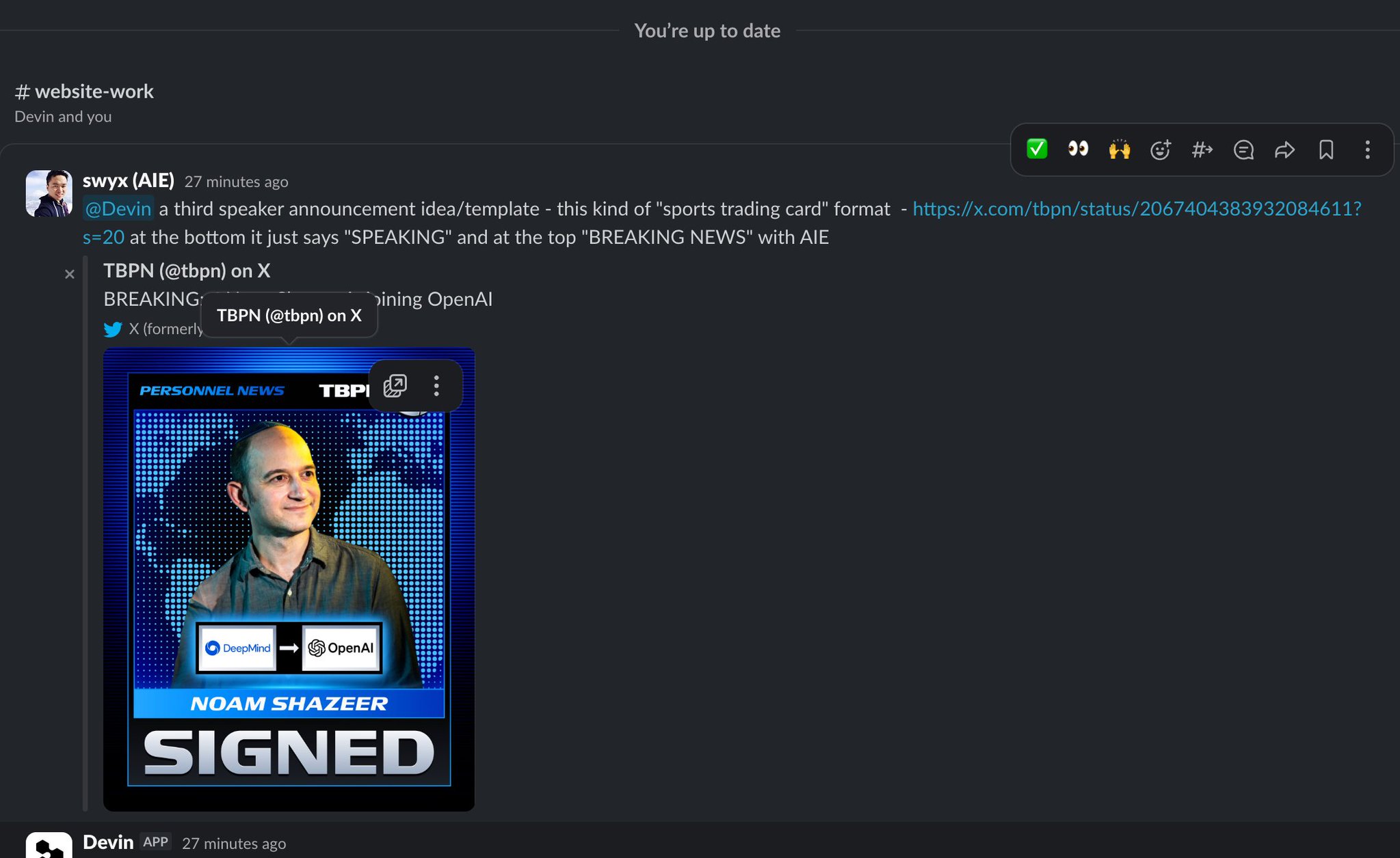DevinAI one-shots breaking news card for AIEWF speakers drop
