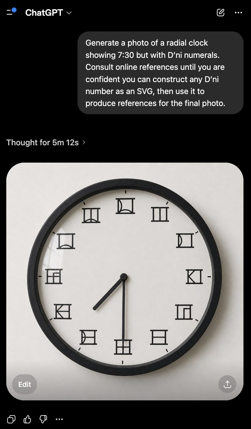 ChatGPT 5.5 Pro / Images 2.0 creates a D’ni numeral wall clock photo
