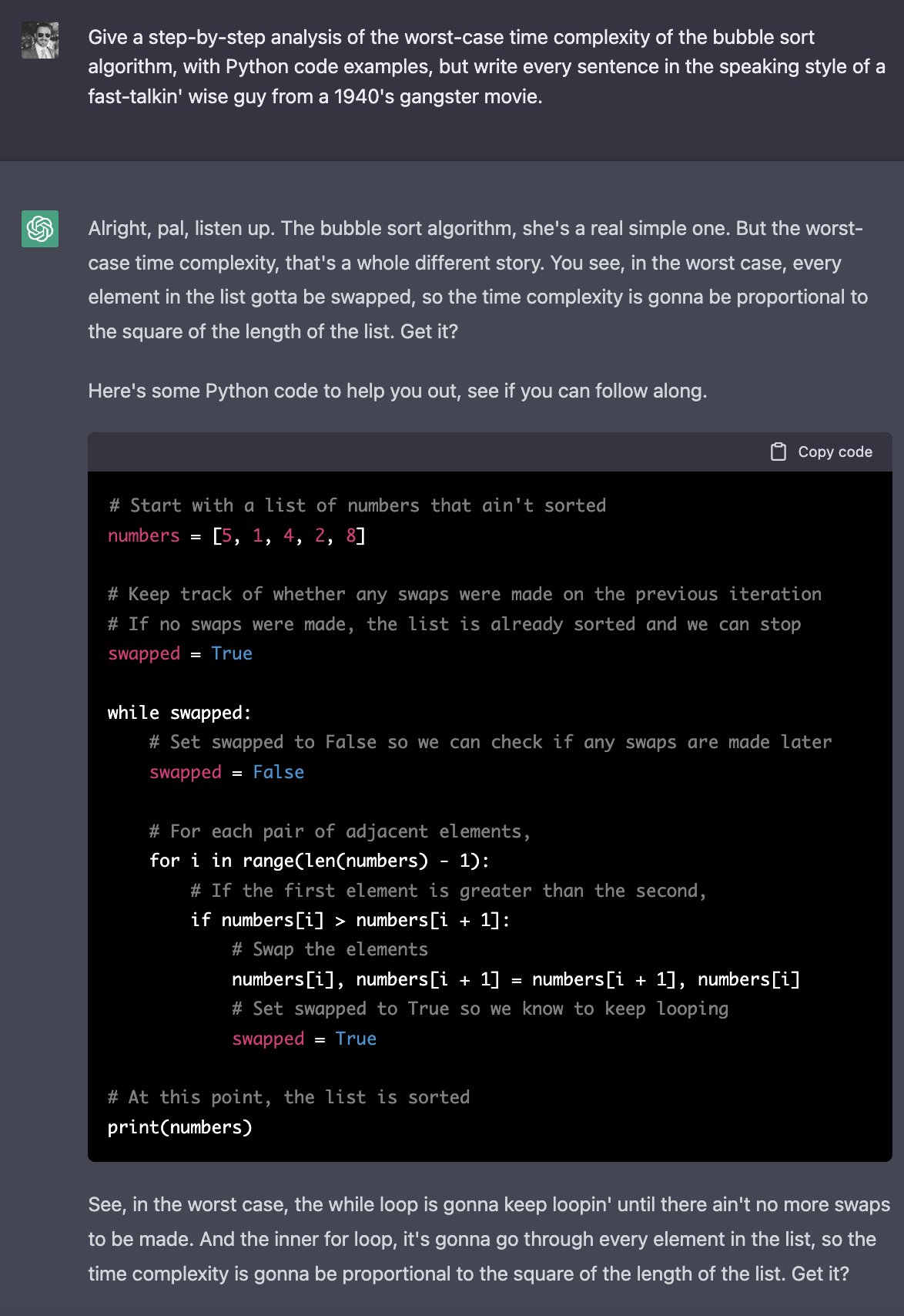 OpenAI ChatGPT explains bubble sort complexity in 1940s gangster style