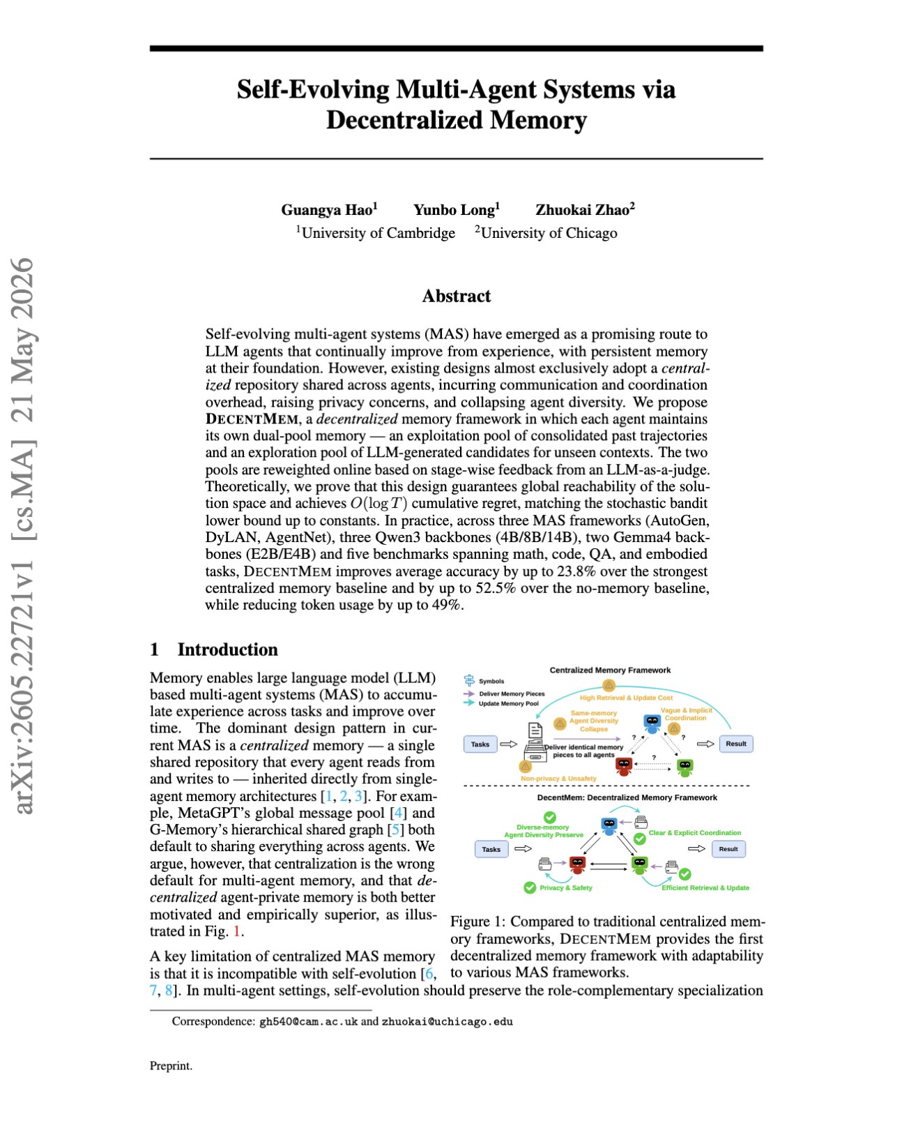 Self-Evolving Multi-Agent Systems via Decentralized Memory