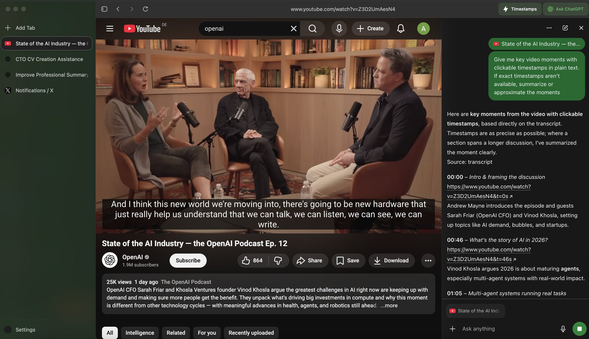 OpenAI Atlas browser adds timestamps button on YouTube
