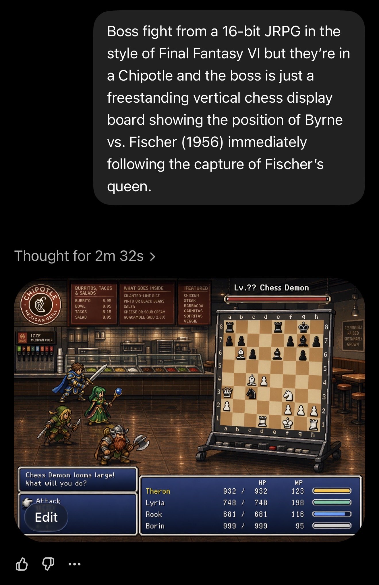ChatGPT Images 2.0: FF6-style 16-bit JRPG Boss in Chipotle, Byrne vs. Fischer Chess Position