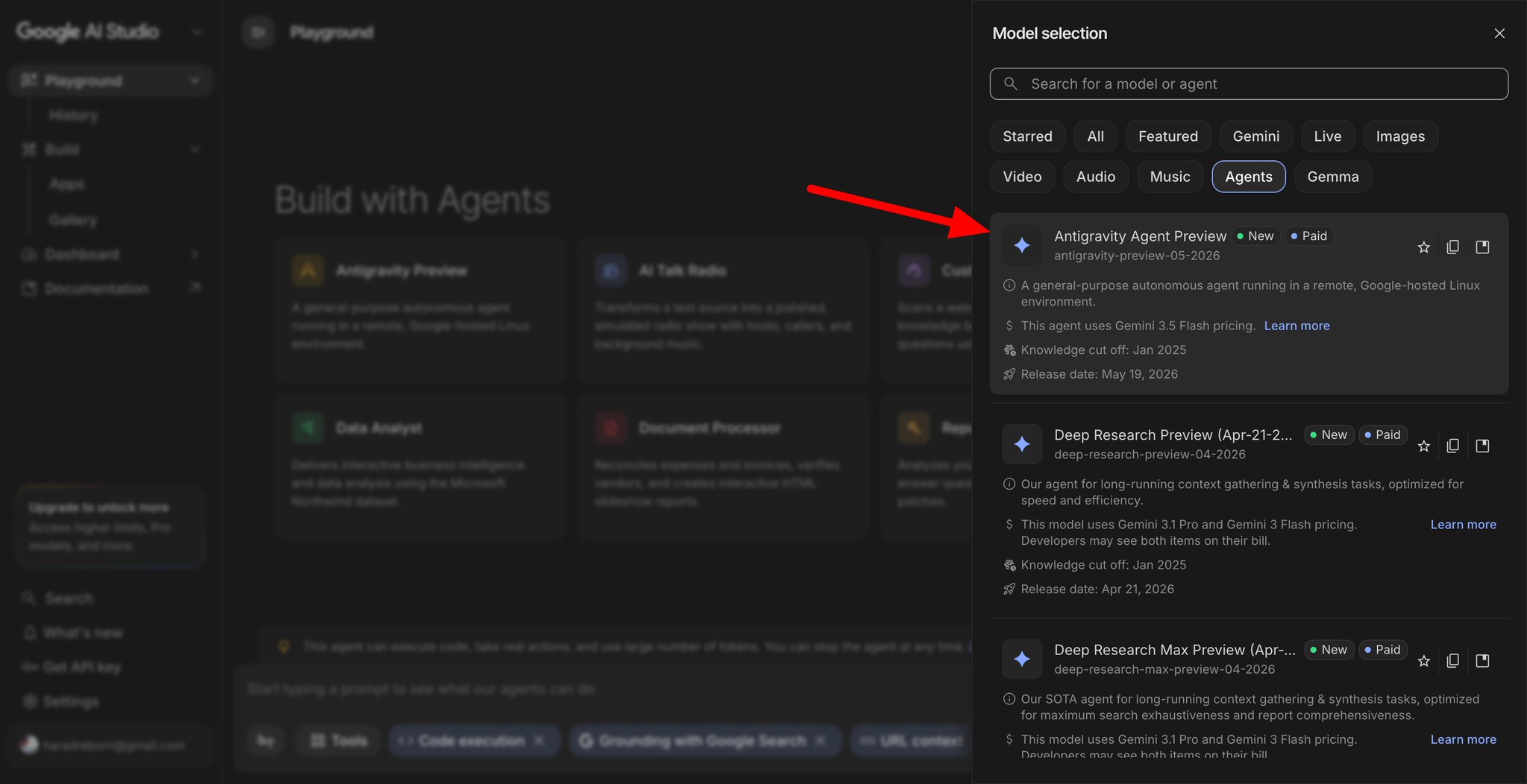 Google AI Studio antigravity-preview-05-2026 Agent launched