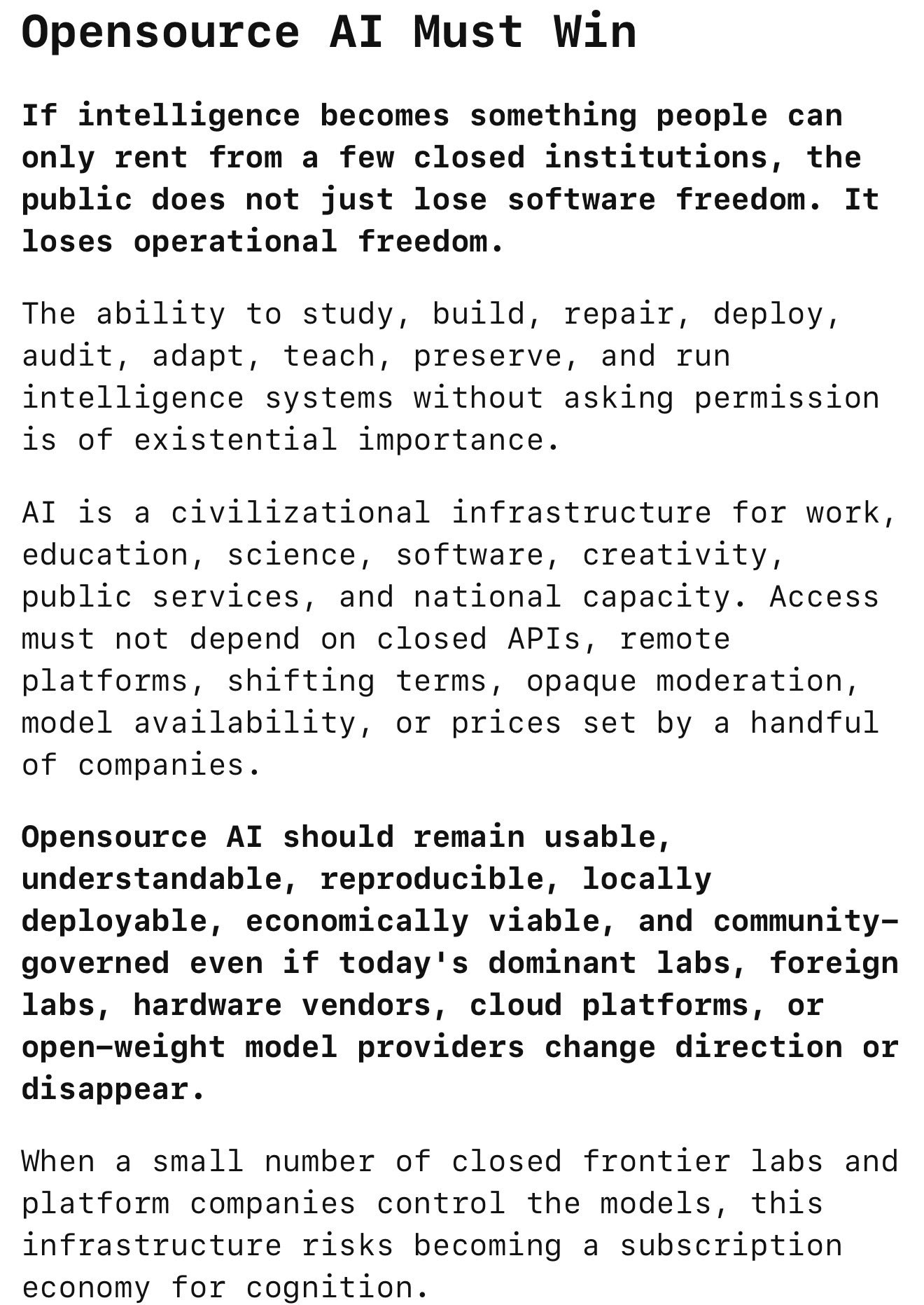 Opensource AI Must Win author glad, plans to publish full memo