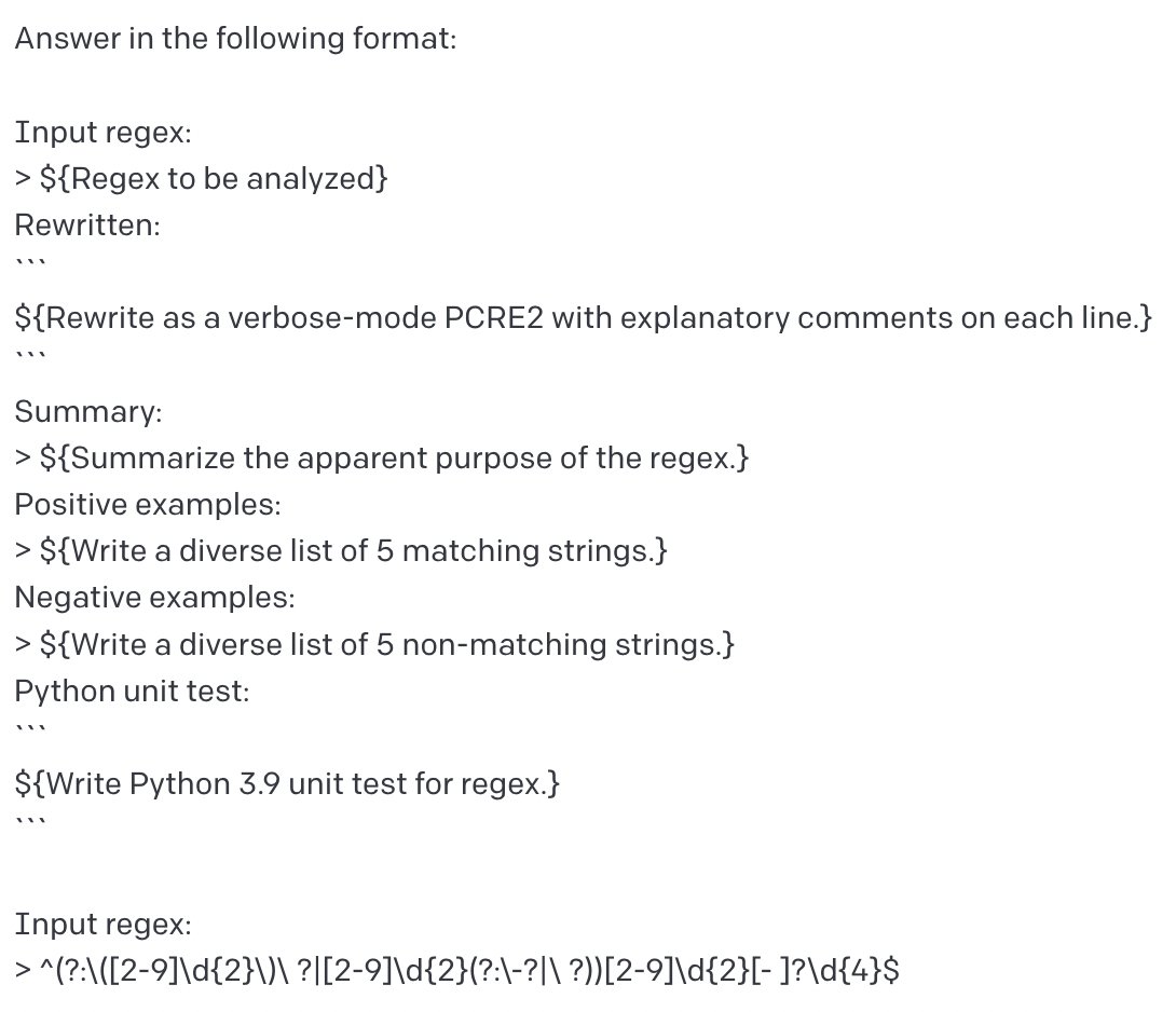 Improve GPT-3 regex output by rewriting with comments