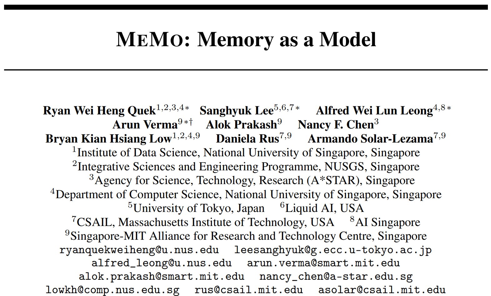 MeMo paper: Memory as a Model on arXiv