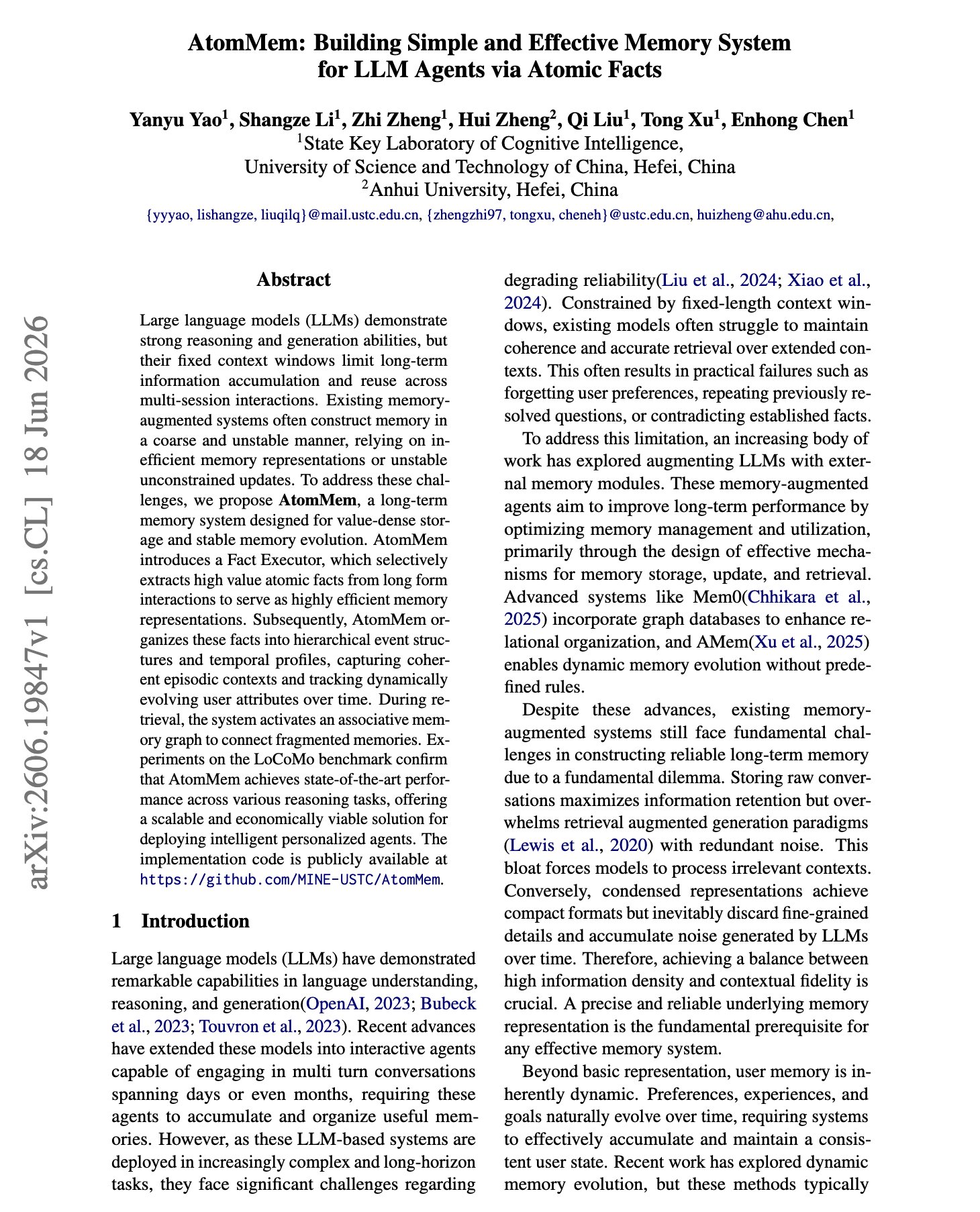 AtomMem: Long-term memory for LLM agents using atomic facts