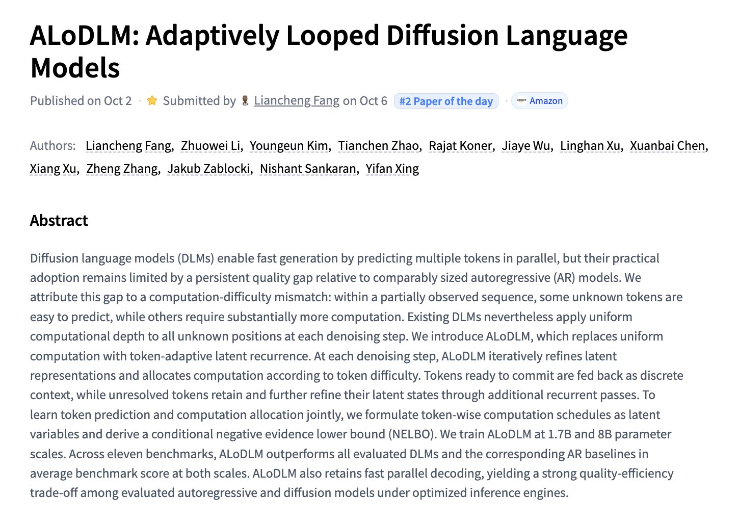 Adaptively Looped Diffusion Language Models paper