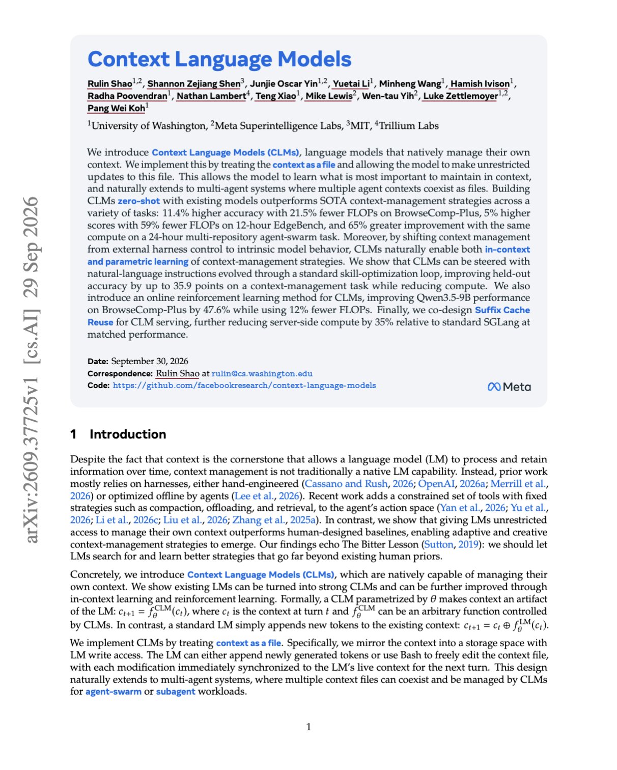 Paper: Context Language Models Let Agents Rewrite Their Own Context