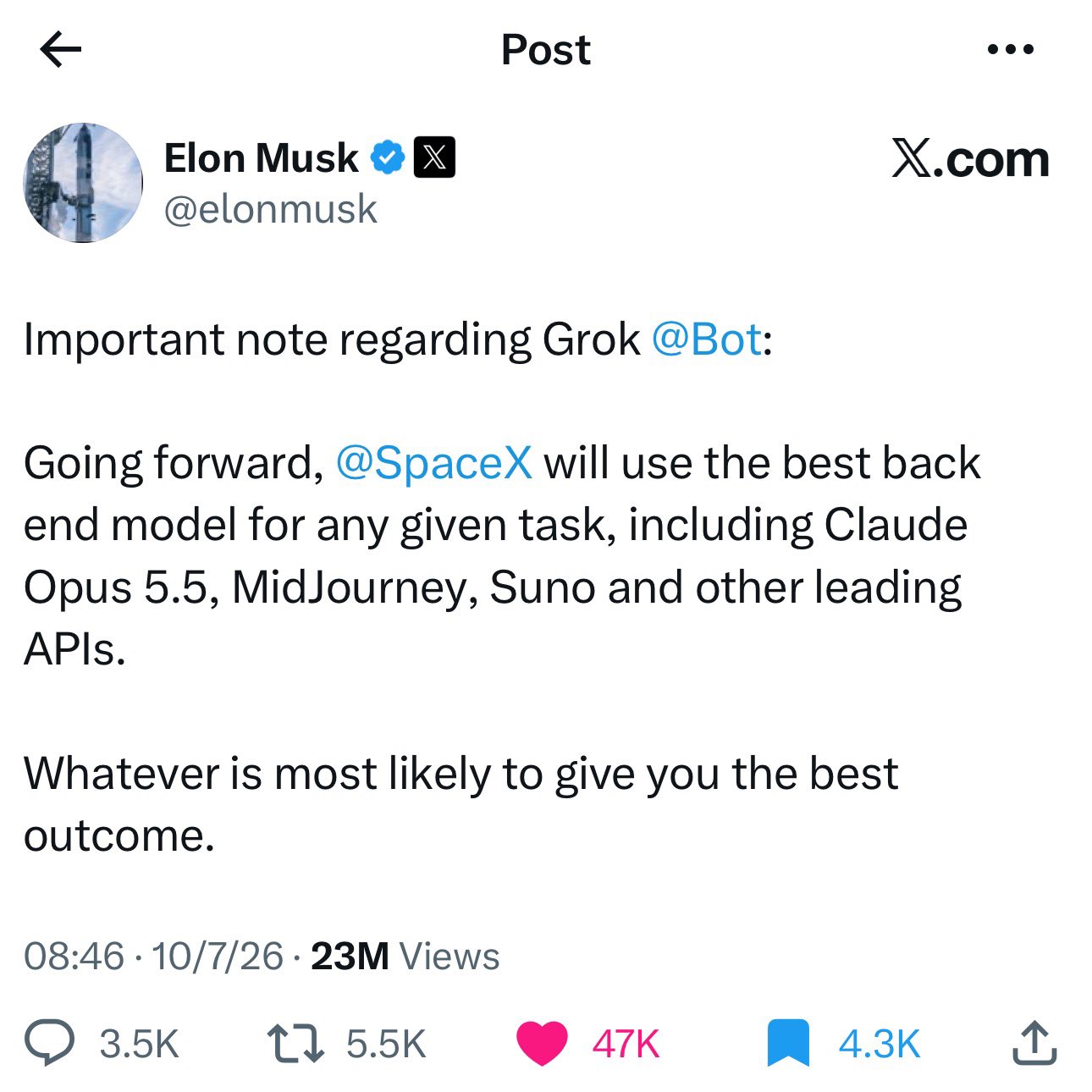 Grok Bot to be powered by Claude Opus 5.5, per Musk