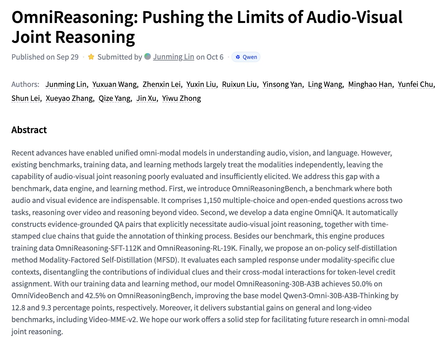 OmniReasoning paper on audio-visual joint reasoning