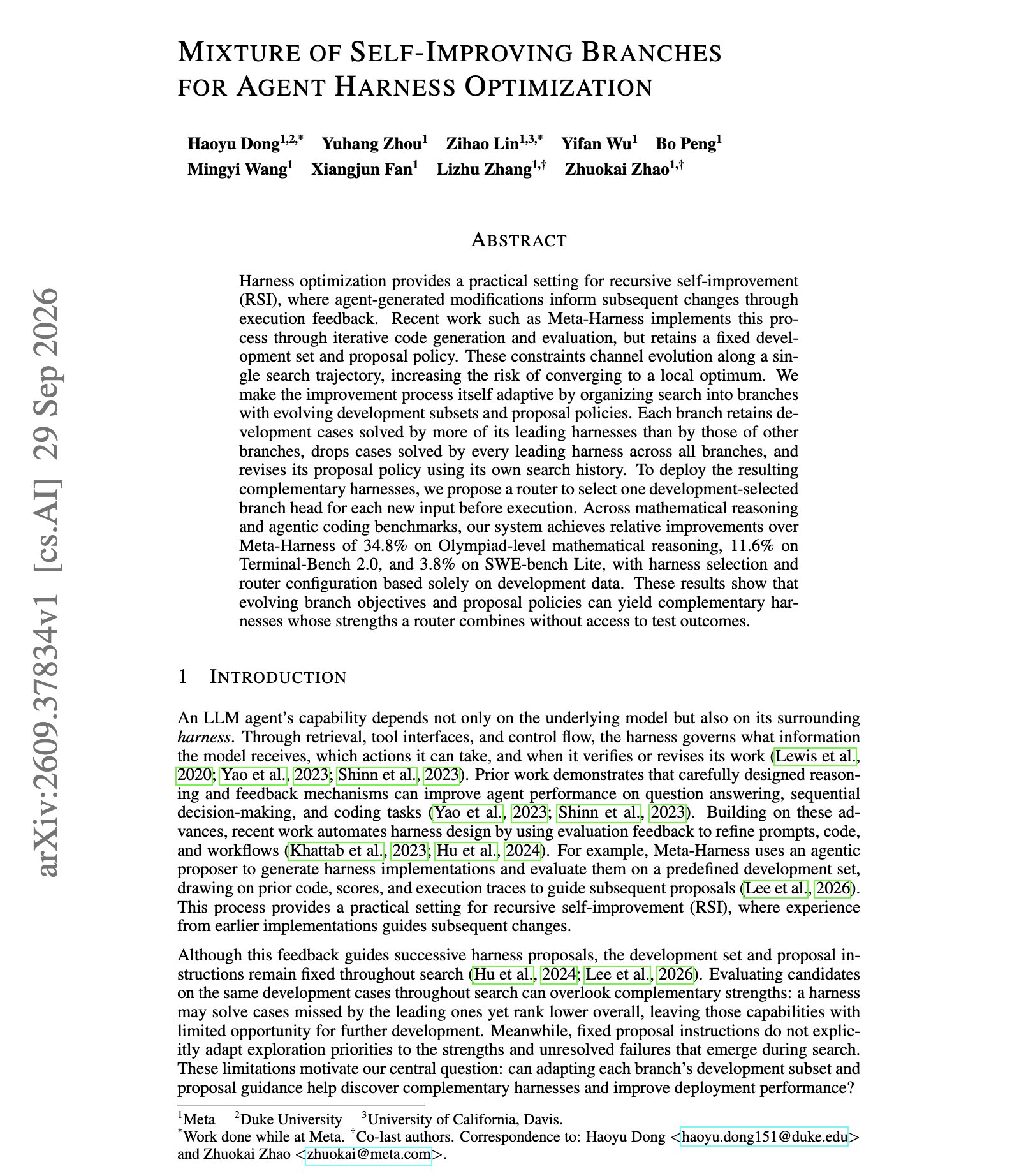 Meta paper on agent harness optimization via branched search