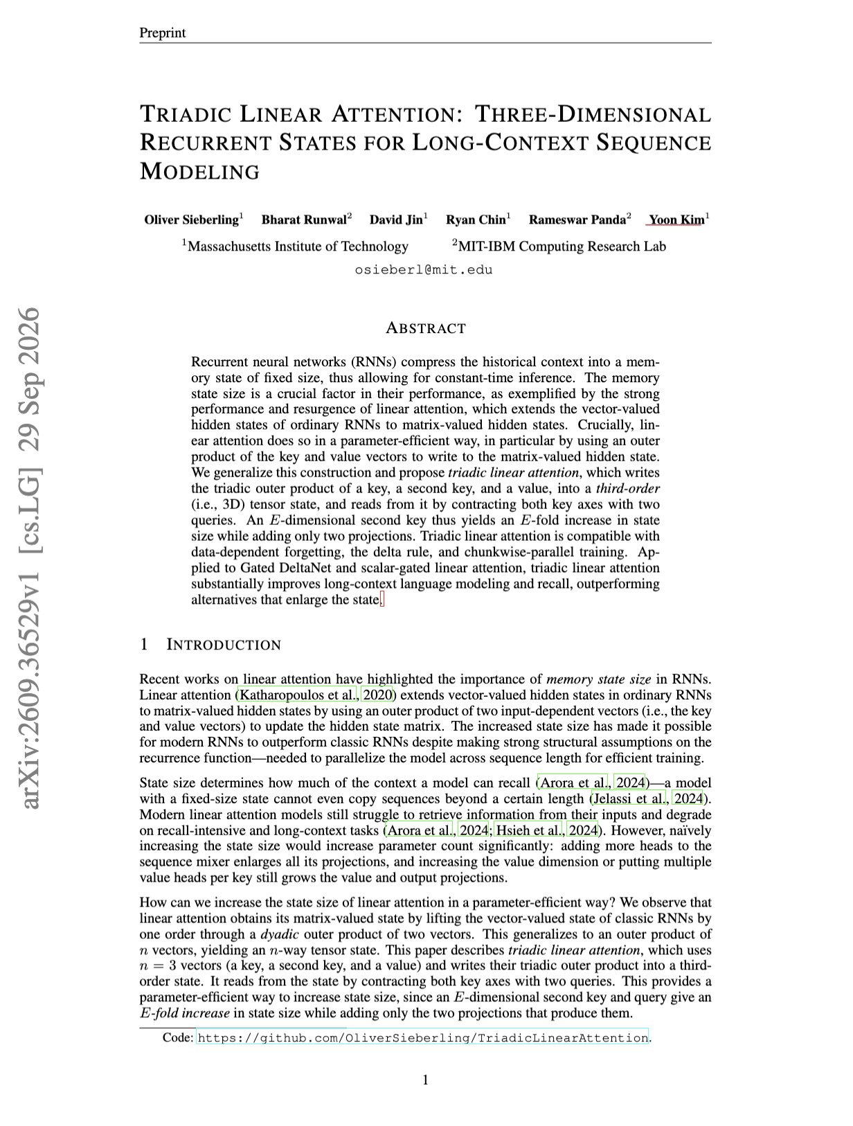 Triadic Linear Attention: 3D Recurrent States for Long-Context Modeling