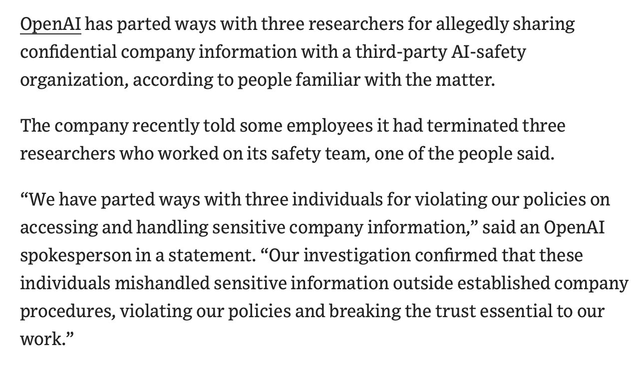 OpenAI reportedly fires three safety researchers over info sharing