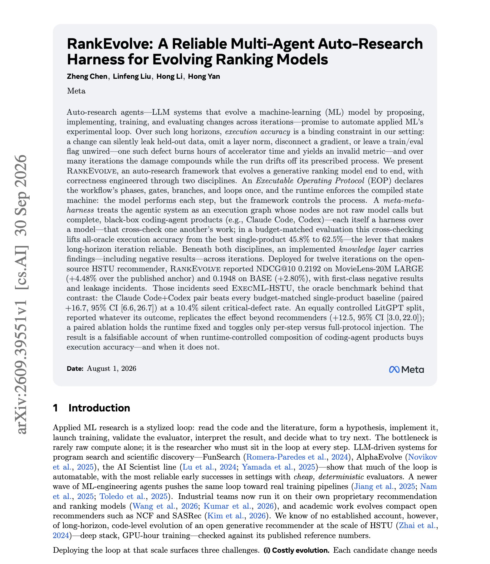 Meta paper on reliable auto-research agents for ML experiments