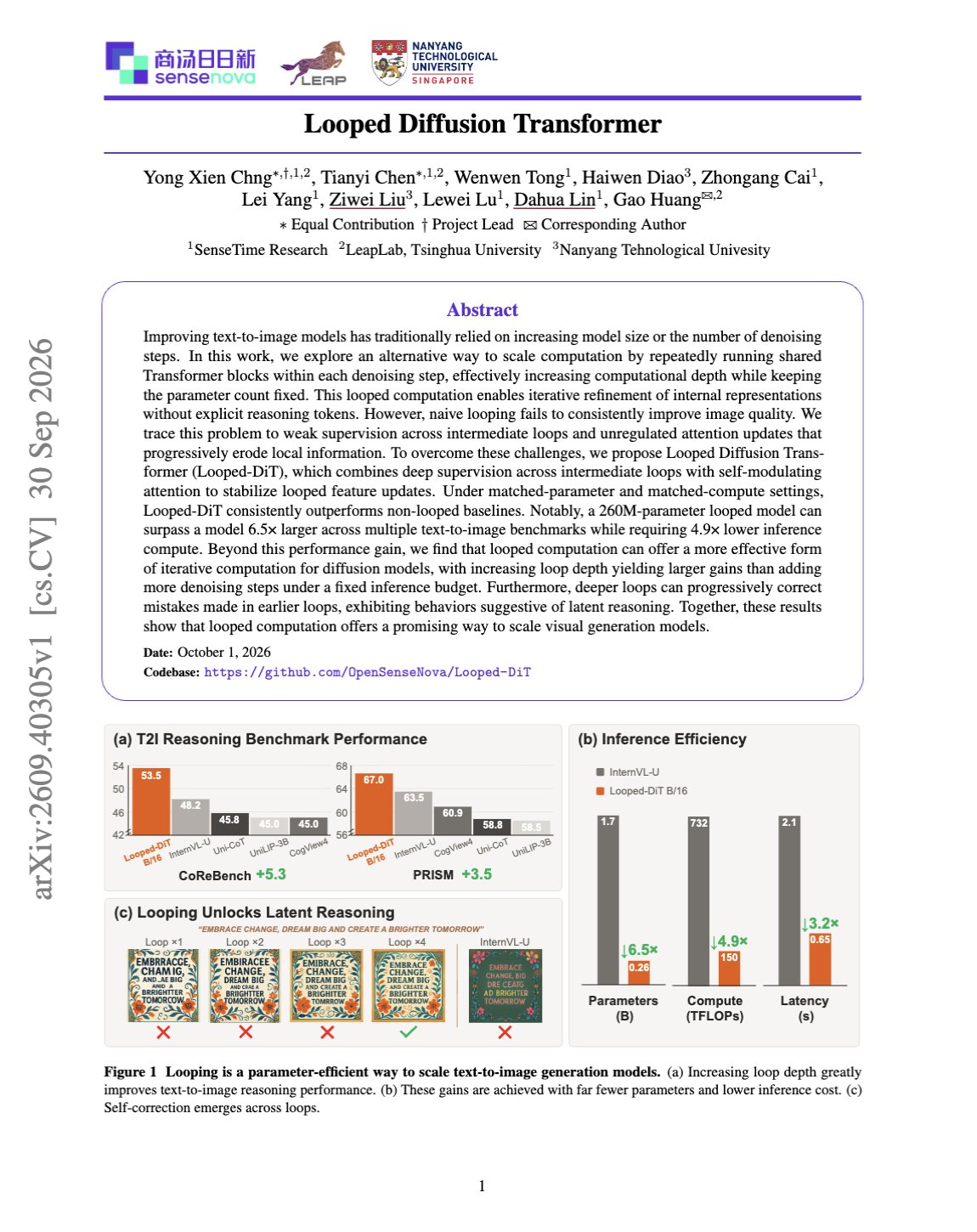 Looped Diffusion Transformer reuses blocks per denoising step